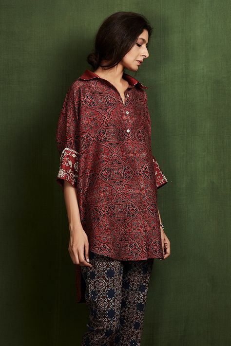 Shop for these amazing collections of Maroon Raw Silk Ajrakh Print Shirt For Women by Sue Mue online at Aza Fashions. Linen Style Fashion, Embroidered Cuffs, Print Shirts Women, Kaftan Designs, Silk Kurti, Designer Kurti Patterns, Beautiful Casual Dresses, Dress Indian Style, Indian Designer Outfits