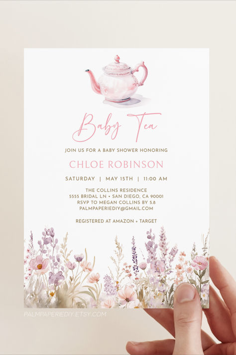 Baby shower tea party ideas for girl. These Baby Tea invitations are perfect for a garden party high tea in spring! Baby Girl Tea Party Shower Ideas, High Tea Baby Shower Ideas Girl, High Tea Baby Shower Ideas, Girl Baby Shower Tea Party Theme, Afternoon Tea Baby Shower Ideas Girl, Baby Shower Tea Party Ideas, Tea For Two Invitation, Baby Sprinkle Tea Party, Baby Shower High Tea