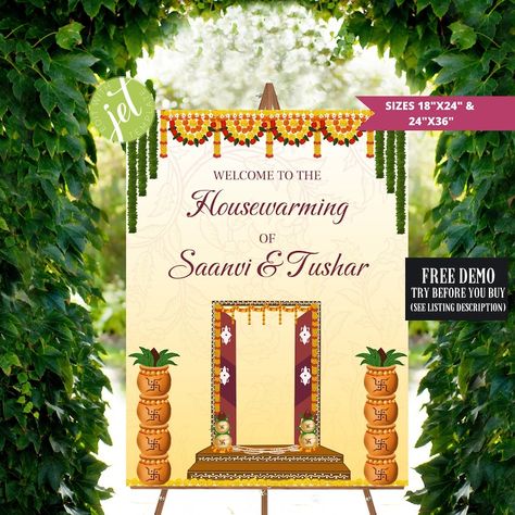 Indian House Warming, Indian Housewarming, Housewarming Sign, Housewarming Invitation Templates, House Warming Ceremony, Welcome Signs Front Door, Indian House, Housewarming Decorations, House Warming Invitations