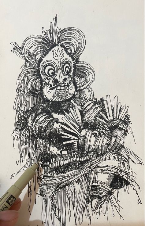 Guliga Theyyam is worshiped as the Lord Shiva.Gulikan Theyyam is part of the Kaliyattam, a popular religious folk dance in the Indian state of Kerala. Theyyam Sketch, Theyyam Tattoo, Theyyam Drawing, Thesis Ideas, Pen Sketches, Divine Power, Oil Pastel Drawings, Folk Dance, Pen Sketch