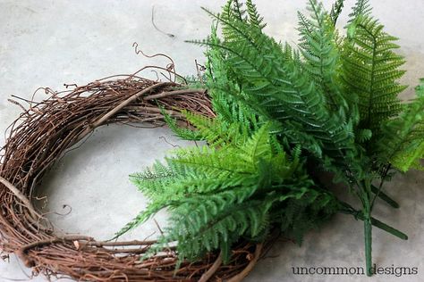 DIY Faux Fern Wreath - Uncommon Designs Fern Wreath, Boston Fern, Spring Ideas, Front Porch Decorating, Wreath Tutorial, Diy Door, Porch Decor, Beautiful Wreath, Door Wreath