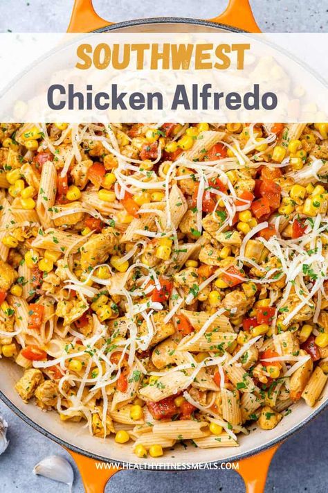 Southwest Chicken Alfredo Southwest Chicken Alfredo Pasta, Easy Macro Friendly Recipes Crockpot, Southwest Alfredo, Southwest Chicken Alfredo, Pasta Monday, Southwest Chicken Pasta, Southwest Pasta, Nutritional Recipes, Fast Meals