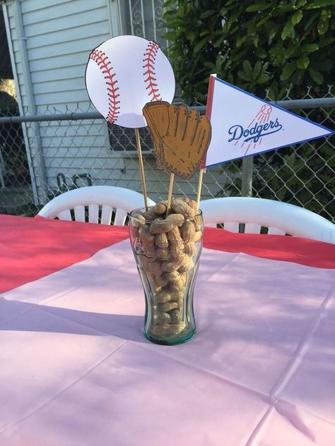 Quick and Easy baseball theme party centerpiece! Coke cola cup from Dollar Tree ... | Baseball theme party, Baseball birthday party, Baseball theme birthday Dodgers Birthday Party, Dodgers Party, Softball Party, Baseball Theme Birthday, Baseball Theme Party, Graduation Party Centerpieces, Baseball Birthday Party, Party Centerpiece, Baseball Party