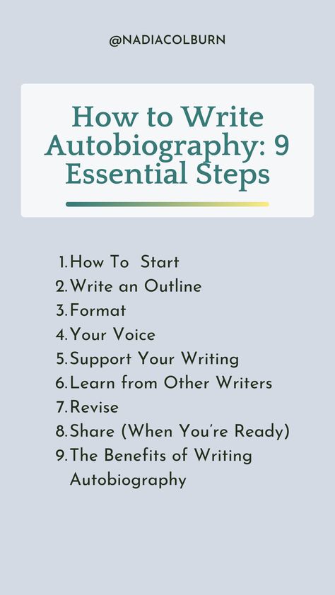 Thinking about the full scope of your life is a powerful first step towards writing your best work. It is helpful for all writers, whether you ultimately want to write memoir, poetry, creative nonfiction, or fiction. When we look at our whole life consciously, with curiosity, we have the power to change our relationship with the past. It is also a powerful tool for self-understanding, healing, growth, and self-realization. Come over to read the 9 essential steps for writing an autobiography! Writing An Autobiography Templates, Autobiography Aesthetic, Writing Autobiography, Memoir Poetry, Creative Nonfiction Writing, Expressive Writing, Autobiography Writing, Writing A Biography, Informative Essay