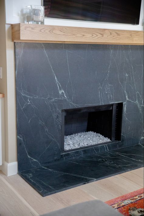 Soap Stone Fireplace, Black Soapstone Fireplace, Fireplace Flat Wall Ideas, Soapstone Fireplace Hearth, Black Granite Fireplace, Soapstone Hearth Fireplace, Soapstone Fireplace, Black Quartz Fireplace Surround, Soap Stone Fireplace Surround