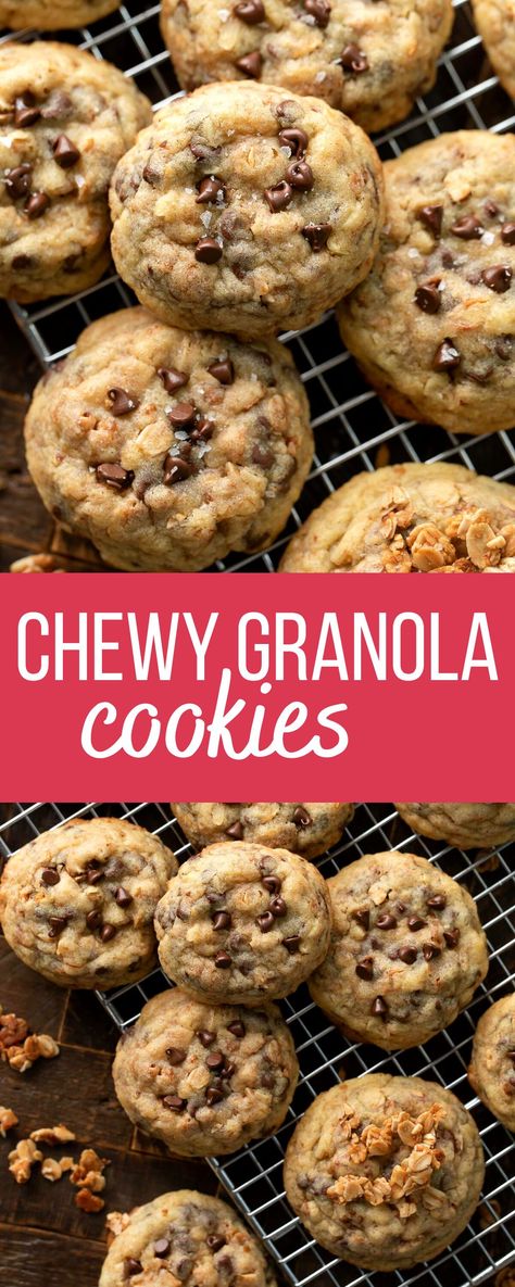 granola cookies with chocolate chips and walnuts Baking With Granola, How To Use Granola In Recipes, Granola Bar Cookies, Chocolate Chip Granola Cookies, Things To Make With Granola, Recipes Using Granola Cereal, Oatmeal Granola Cookies, Soft Chewy Granola Bars Recipe, Granola Cookies Recipe Healthy