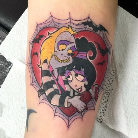 Beatle Juice Tattoos, Small Beetlejuice Tattoos, Beetlejuice Couple Tattoo, Beetlejuice Tattoo Lydia, Beetlejuice Sleeve Tattoo, Cartoon Beetlejuice Tattoo, Torres Tattoo, 13th Friday, Tombstone Tattoo