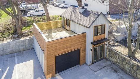 The Carriage House is a Unique Tiny Home from Zenith Design + Build Garage Sleeping Space, Tiny House With Deck On Roof, House On Top Of Garage, Apartment On Top Of Garage, Tiny Homes With Garage, Garage With Deck On Top, Tiny Home With Garage, Tiny House With Garage, Small Lofts