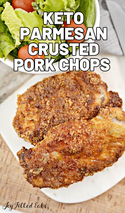 The next time that you're craving delicious golden brown crispy pork that won't affect your low carb diet, these Keto Parmesan Crusted Pork Chops are the best. With a quick and easy cook time, these juicy pork chops make the perfect hearty meal. Keto Breaded Pork Chops, Low Carb Baked Pork Chops, Parmesan Crusted Pork Chops Keto, Pork Rind Crusted Pork Chops, Keto Friendly Pork Chop Recipes, Pork Chops For Diabetics, Keto Pork Chop Recipes Air Fryer, Pork Chops With Pork Rind Crust, Carnivore Pork Chops