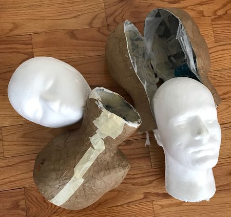 Paper-maché severed head props! | Manning Makes Stuff Foam Head Ideas Halloween Decorations, Paper Mache Skull How To Make, Paper Mache Hands Diy, Paper Mache Molds, Styrofoam Head Ideas Halloween, Paper Mache Head Diy, Paper Mache Furniture Diy, Styrofoam Head Halloween, Styrofoam Head Ideas