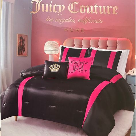 Juicy Couture Brand. Fabulous 5 Piece Comforter Set. The Comforter Is Black Satin On One Side With 2 Hot Pink Velvet Stripes. The Other Side Is Non Satin Black Material. Comes W/ Two Matching Pillow Shams & Two Decorative Throw Pillows. One Is Black Satin With Hot Pink Piping Outline And A Gold Crown. The Other One Is Hot Pink Velvet With A Black Jc Logo Embroidered On The Front. Size Full/Queen. Brand New In Package W/ Tags. 2 Shams - 20" X 26" Comforter - 90" X 90" Comforter 100% Polyester. Co Black And Pink Comforter Sets, Black And Pink Glam Bedroom, Pink Brown Bedroom, Pink Glam Bedroom, Black And Silver Bedroom, Hot Pink Bedrooms, Black Gold Decor, Pink Comforter Sets, Brown Bedroom Decor