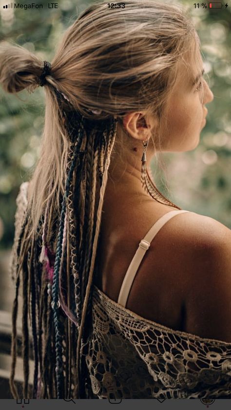 Hippie Hair Wraps, Peekaboo Dreads, Dreads Underneath Hair, Half Head Dreads, Partial Dreads Placement, Hair Braid Wrap, Half Dreaded Hair, Half Dreads, White Girl Dreads