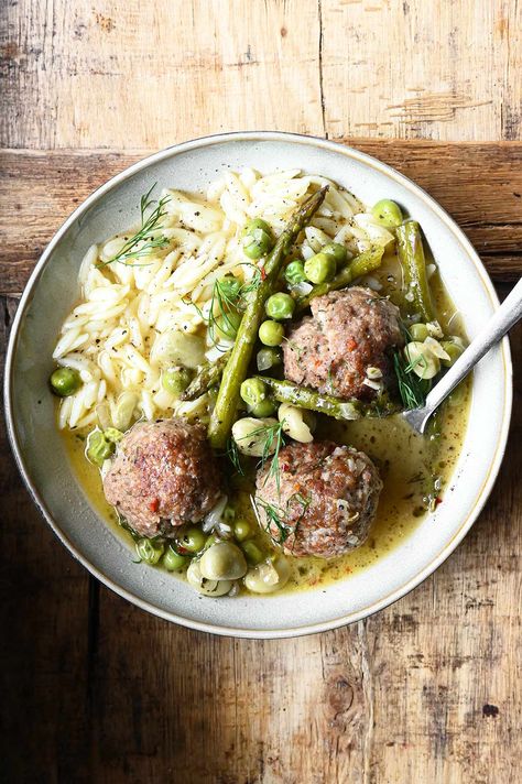 Meatballs Primavera Meatballs And Green Beans, Butter Parmesan Sauce, Parmesan Butter Sauce, Parmesan Butter, Primavera Recipe, Steamed Potatoes, Asparagus Beans, Broad Beans, Freeze Greens