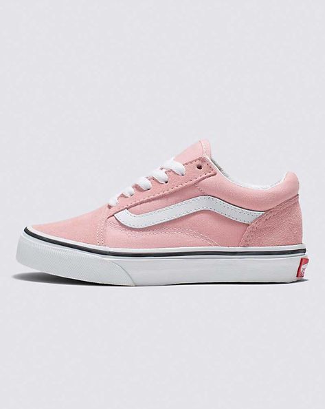 Vans | Kids Old Skool Powder Pink/True White Shoes Pink Sneakers For School In Spring, Pink High-top Skate Shoes For School, Pink Low-top Skate Shoes For School, Vans Pink Skate Shoes With Rubber Sole, Cute Pink Vans Sneakers, Pink Vans Shoes, Street Skater, Vans Pink, Pink Vans