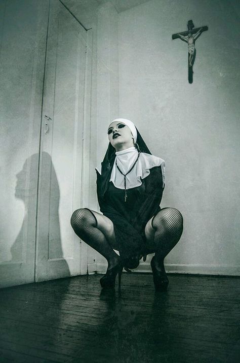 . Possessed Nun Makeup, Restrained Pose Reference, Blasphemy Aesthetic, Dark Satanic Art, Nun Art, Nun Costume, Dark Beauty Magazine, Ange Demon, Goth Beauty