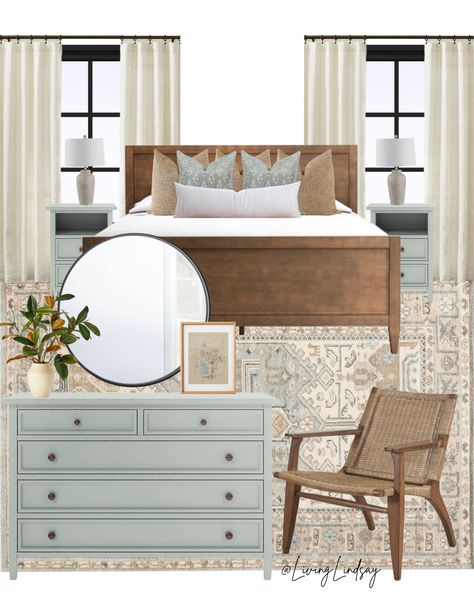 Blue Grey Bedroom Furniture, Slate Blue Bedroom Decor, Blue Grey Dresser Bedroom, Transitional Blue Bedroom, Sage And Blue Bedroom Ideas, Blue Green Master Room, Dusty Blue Master Room, Cream And Slate Blue Bedroom, Blue Transitional Bedroom