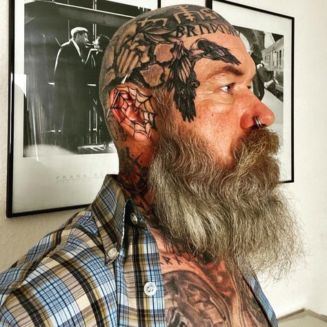 Head Tattoo Men, Bald Head Tattoo, Nordic Tattoos, Bald Beard, Beards And Tattoos, Beard Man, S Tattoos, Head Tattoo, Nordic Tattoo