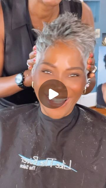 Najah Aziz on Instagram: "Can I upgrade you to grey? 😎  #najahongrey #liketheriversalon  #greyhair" Gray To Platinum Hair, Platinum Grey Highlights On Dark Hair, Black Women Salt And Pepper Hair, Gray Hair Black Highlights, Short Natural Grey Hair Black Women, Long Salt And Pepper Hair Over 50, Gray Hair Color Ideas Over 50, Silver Hair Pixie Haircut, Short Gray Pixie Haircuts