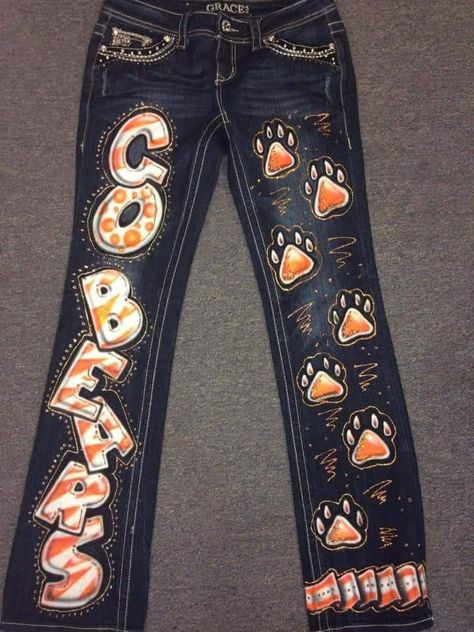 Painted Football Jeans, Painted Spirit Jeans, Painted Pants School Spirit, School Spirit Pants, Hoco Painted Jeans, School Spirit Jeans, Painted Jeans School Spirit, Football Jeans, Homecoming Jeans Ideas