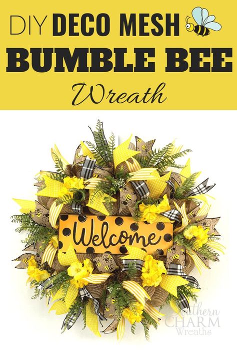 Summer Mesh Wreaths, Deco Mesh Wreaths Diy, Mesh Wreath Diy, Bee Wreath, Bee Decor, Wreath Tutorial, Welcome Wreath, Bee Theme, Everyday Wreath