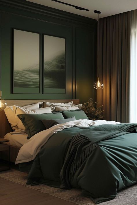 Dark Olive Bedroom Ideas, Mossy Green Bedroom, Dark Green And Beige Bedroom, Calm Bedroom Aesthetic, Green And Brown Bedroom, Forest Green Bedroom, Desk Remodel, Hobbit Room, Biophilic Bedroom