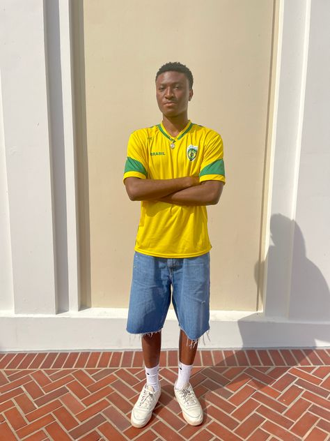 Brazil Jersey, Blue shorts, Rebook club Cs, Summer Outfit Brazil Jersey Outfit, Brazil Jersey, Football Jersey Outfit, Blue Football, Jersey Outfit, Mens Outfit Inspiration, Soccer Shirts, Summer Outfits Men, Blue Shorts