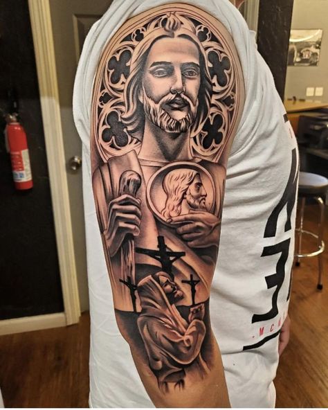 San Judas Shoulder Tattoo, Mens Religous Tattoo Ideas, San Judas Tadeo Tattoo Sleeve, San Judas Tattoo Design, San Judas Tadeo Tattoo, Religous Tattoo, Religious Tattoo Sleeves, Tatto Sleeve, Hair Tattoo Designs