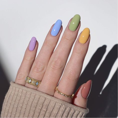 Multicolored Pastel Nails, Muted Rainbow Nails, Multi Colored Nails Spring, Subtle Rainbow Nails, Colorful Pastel Nails, Multi Colored Nails, Multicoloured Nails, Pastel Color Nails, Different Color Nails