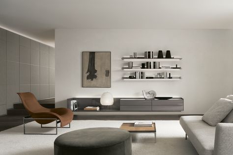 New Interiors - rimadesio Suspended Shelves, Wall Panel System, Italian Furniture Brands, Italian Furniture, Sliding Panels, Room Interior, Wall Paneling, Living Area, Floating Shelves