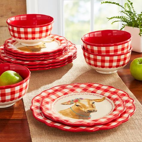 Pioneer Woman Dishes, Pioneer Woman Kitchen Decor, Pioneer Woman Kitchen, Ceramic Dinnerware Set, Brown Cow, Red Checkered, Ceramic Dinnerware, The Pioneer Woman, Red Gingham