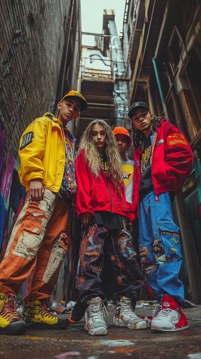 Four young individuals showcasing their vibrant street style fashion in a graffiti-laden alley, exuding confidence. Urban City Outfits, Street Culture Aesthetic, Graffiti Artist Outfit, Vibrant Outfits Street Styles, Streetwear Fashion Photoshoot, Street Style Photoshoot Ideas, Hiphop Photoshoot, Graffiti Outfit, Streetwear Moodboard