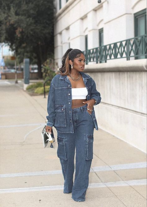 IG: idesign8 Rihanna Denim Outfits, Relaxed Fit Button-up Denim Top For Streetwear, Denim Long Sleeve Shirt, Editing Techniques, Long Sleeve Denim Shirt, Jeans Outfit Women, Shirt Pant Set, Everyday Fashion Outfits, Matching Pants