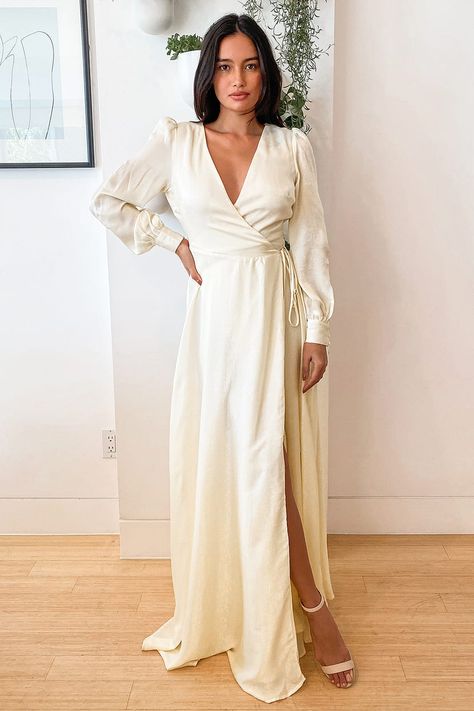 White Bridesmaid Dress, Wedding Courthouse, Sleeve Bridesmaid Dress, Inexpensive Prom Dresses, Ivory Maxi Dress, Long Sleeve Silk Dress, Long Sleeve Bridesmaid Dress, White Bridesmaid, Satin Wrap Dress