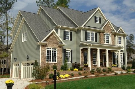 Don't want the brick, but the overall light color with cream trim is appealing.  Maybe a little to green. Sage Green House Exterior, Sage Green House, Green House Exterior, Green Siding, Black Shutters, Exterior House Color, Pintura Exterior, Siding Colors, Exterior Paint Color