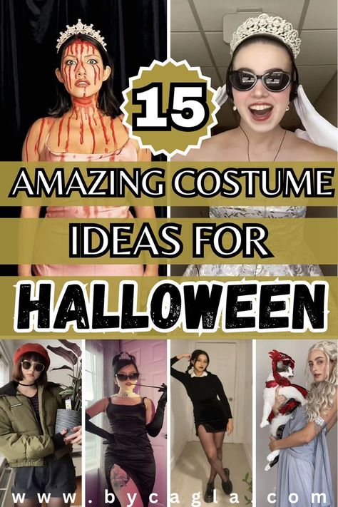 The pin says 15 amazing costume ideas for Halloween Famous Characters Costumes Women, Simple Character Costumes, Female Movie Characters Costumes, Famous Characters Costumes, Iconic Brunette Movie Characters, Iconic Movie Outfits Halloween Costumes, Iconic Movie Characters Costumes, Iconic Female Movie Characters, Cinema Outfit Ideas Movies