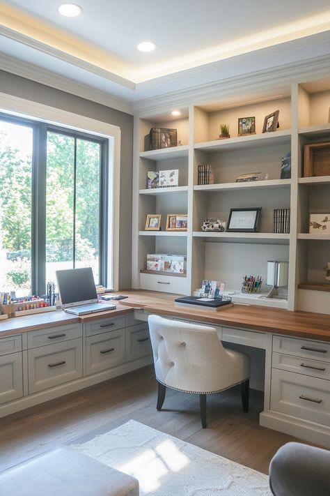 office-craft-room-combo Home Office Three Desks, L Desk Office Layout Room Ideas, Build In Shelves Office, Office Space With Windows, Office With Corner Desk Layout, Small Office With Desk In Middle, Adding Office Space To Living Room, Office Remodel On A Budget, Craft Room Furniture Layout