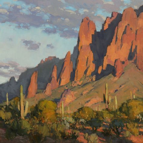 "Superstition Treasures" 16 x 16 oil by Bill Cramer. (Mountain Trails Gallery of Sedona / Tlaquepaque) Western Landscape Paintings, Desert Mountain Painting, Desert Oil Painting, Sedona Watercolor, Sedona Painting, Mountain Murals, Southwest Art Paintings, Southwestern Paintings, Desert Landscape Art