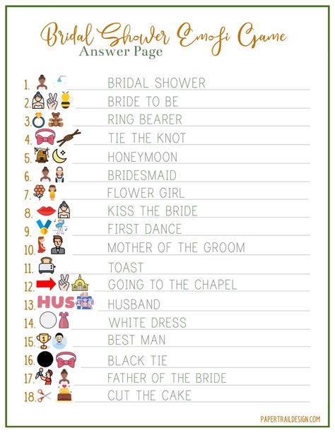 Print the emoji bridal shower game answers so you don't have to worry about who is the winner of the emoji bridal shower game Bridal Shower Emoji Game Free Printable, Emoji Bridal Shower Game, Bridal Emoji Pictionary, Diy Meal Planner, Christmas Party Planner, Paper Trail Design, Fun Bridal Shower Games, Emoji Games, Trail Design