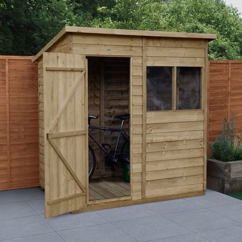 The Hartwood 6' x 4' Overlap Pressure Treated Pent Shed is ideal for general garden storage and the compact design makes it suitable for use in smaller gardens. The Shed is manufactured from straight cut overlap timber boards which helps rain water run off the building. The door has secure hidden hinges and is fitted with a hasp and staple latch that can be locked if required. This Shed is also made up of modular sections, this is where the same size panels are interchangeable meaning The door c 6x4 Shed, Shed Base Kit, Timber Shed, Wooden Shed, Gardening Equipment, Hidden Hinges, Shed Base, Plastic Sheds, Shed Doors