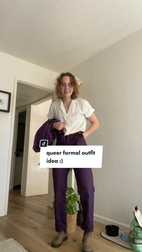 Reply to @leslie.ohhh queer formal outfit inspo! Featuring my purple pant suit :) #lgbtq #queerfashion #queerformaloutfit #genderneutral #outfitinspo Lgbtq Wedding Guest Outfit, Queer Woman Wedding Outfit, Lesbian Wedding Guest Outfit Summer, Wedding Guest Outfit Gender Neutral, Queer Semi Formal, Women’s Pant Suit Wedding Guest, Masculine Wedding Guest Outfit For Women, Feminine Suits Wedding Guest, Queer Weddings Outfit