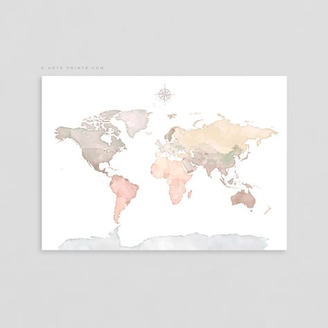 World Map Poster In Room, Beige World Map, Painting Nude Colours World Map, Pink World Map Wallpaper, World Map Painting, Map Of World Gray Art, Bedroom Beige, Travel Home Decor, World Map Decor