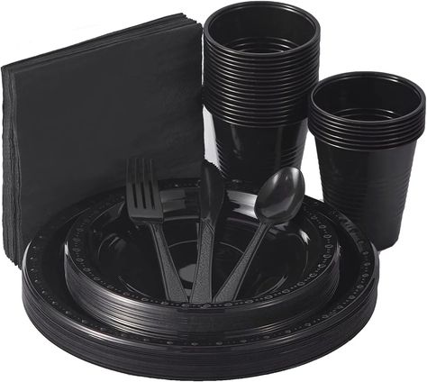 Amazon.com: 175 PCS Black Party Supplies Disposable Dinnerware Set Plastic Plates and Paper Napkins Cups Silverware Serve 25 Sets for Birthday Bridal Shower Wedding Engagement Graduation Parties : Health & Household Black Tableware Wedding, Wednesday Themed Party, Fancy Halloween Party, Wednesday Addams Party, Black Plastic Plates, Black Tableware, Plastic Dinnerware Sets, Painting Birthday Party, Eternally Yours