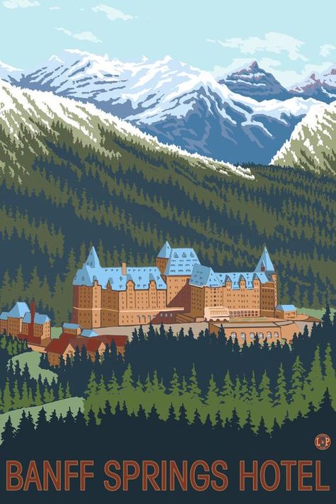 Vintage Travel Posters Art Deco, Banff Springs Hotel, Banff Canada, Banff Alberta, Retro Travel Poster, Banff National Park, Hotel Art, Yellowstone National Park, Canada Travel