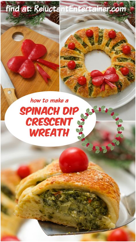 Spinach Dip Crescent Wreath is a show-stopping appetizer with flaky pastry that envelops a cheesy, savory spinach dip--so irresistibly good! Spinach Wreath Appetizer, Spinach Dip Wreath Holidays, Spinach Dip Crescent Wreath, Cresent Roll Wreaths, Spinach Cresent Roll Recipes, Pillsbury Wreath Appetizer, Crescent Wreath Appetizer, Christmas Wreath Food Appetizer Recipes, Spinach Dip Wreath