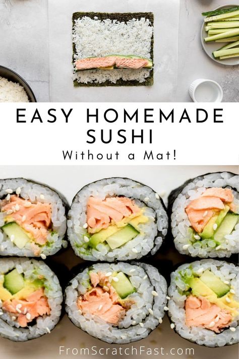 Homemade Sushi without a mat How Do You Make Sushi At Home, Simple Sushi Rolls At Home, How To Make Sushi Without Mat, Cooked Salmon Sushi, Cooked Salmon Sushi Recipes, How To Roll Sushi Without Mat, Roll Sushi Without Mat, Easy Sushi Rolls At Home Without Seaweed, Homemade Sushi Without Seaweed