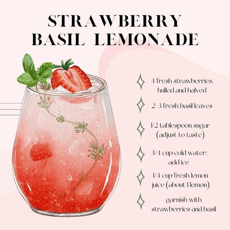 Inspired by strawberry season, introducing our June Mocktail: the Strawberry Basil Lemonade Refresher 🍓🍋 Happy sipping! Instructions: 1️⃣ In a glass, combine the strawberries, basil leaves, and sugar. Use a muddler or the back of a spoon to mash the ingredients together until the strawberries are pureed and the basil is aromatic. 2️⃣ Add the lemon juice and water directly into the glass. Stir well to mix all the ingredients. Adjust the sweetness by adding more sugar if desired. 3️⃣ Add ice c... Strawberry Basil Water, Lemonade Refresher, Basil Drinks, Strawberry Basil Lemonade, Basil Lemonade, Strawberry Basil, Lemonade Cocktail, Strawberry Season, Vegan Drinks