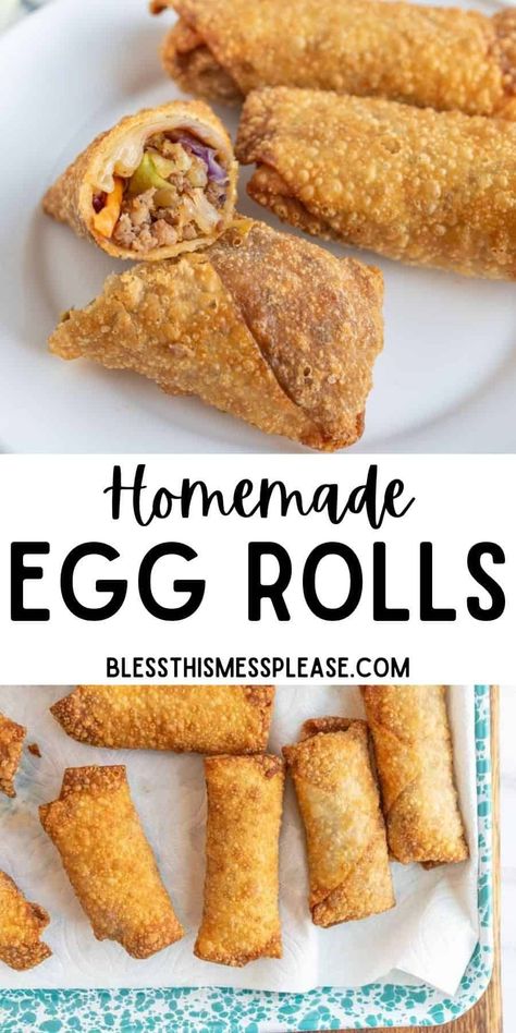 This egg roll recipe is easy! Use a bag of chopped cabbage, add a little ground pork, roll them up and fry them to perfection. You'll love them! Easy Egg Roll Recipe, Hamburger With Egg, Chinese Beef Recipes, Vegetarian Chinese Recipes, Chinese Egg Rolls, Shrimp Egg Rolls, Egg Roll Recipe, Homemade Egg Rolls, Pork Egg Rolls