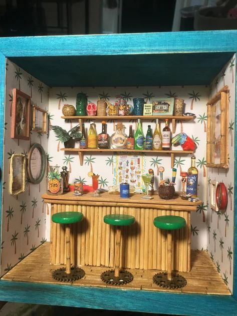 Miniature Tiki Bar, Mini Tiki Bar, Tiki Diy, Tiki Bars Diy, Dollhouse Bar, Home Tiki Bar, Miniature Bar, Cardboard Dollhouse, Room Box Miniatures