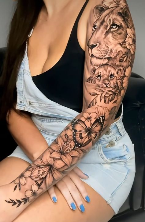 Women Sleeves Design Tattoo, Badass Sleeve Tattoos For Women, Tatto Sleeves Girl, Girl Arm Sleeve Tattoo, Lion With Flowers Tattoo For Women, Realistic Tattoo Sleeve Women, Tattoo Manga Mujer, Elephant Sleeve Tattoos For Women, Deer Tattoos For Women Beautiful