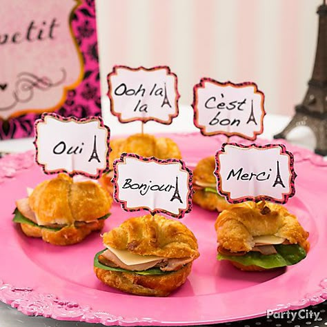 French Day Decoration, Paris Treats Party Ideas, Parisian Party Food, French Food Party, French Themed Birthday, Croissant Sandwiches, Paris Party Decorations, Parisian Party Theme, French Themed Parties